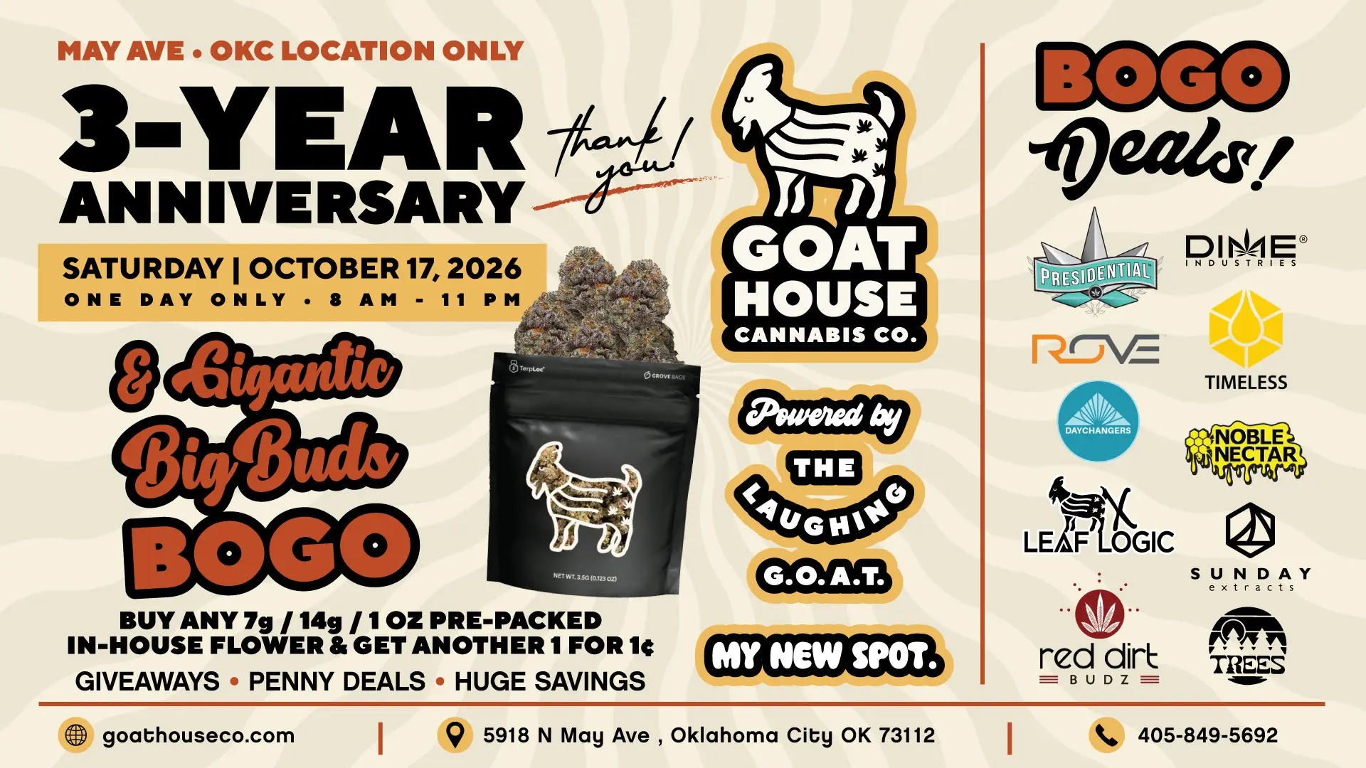 Goat House Cannabis Oklahoma City 3-year anniversary sale October 17, 2026