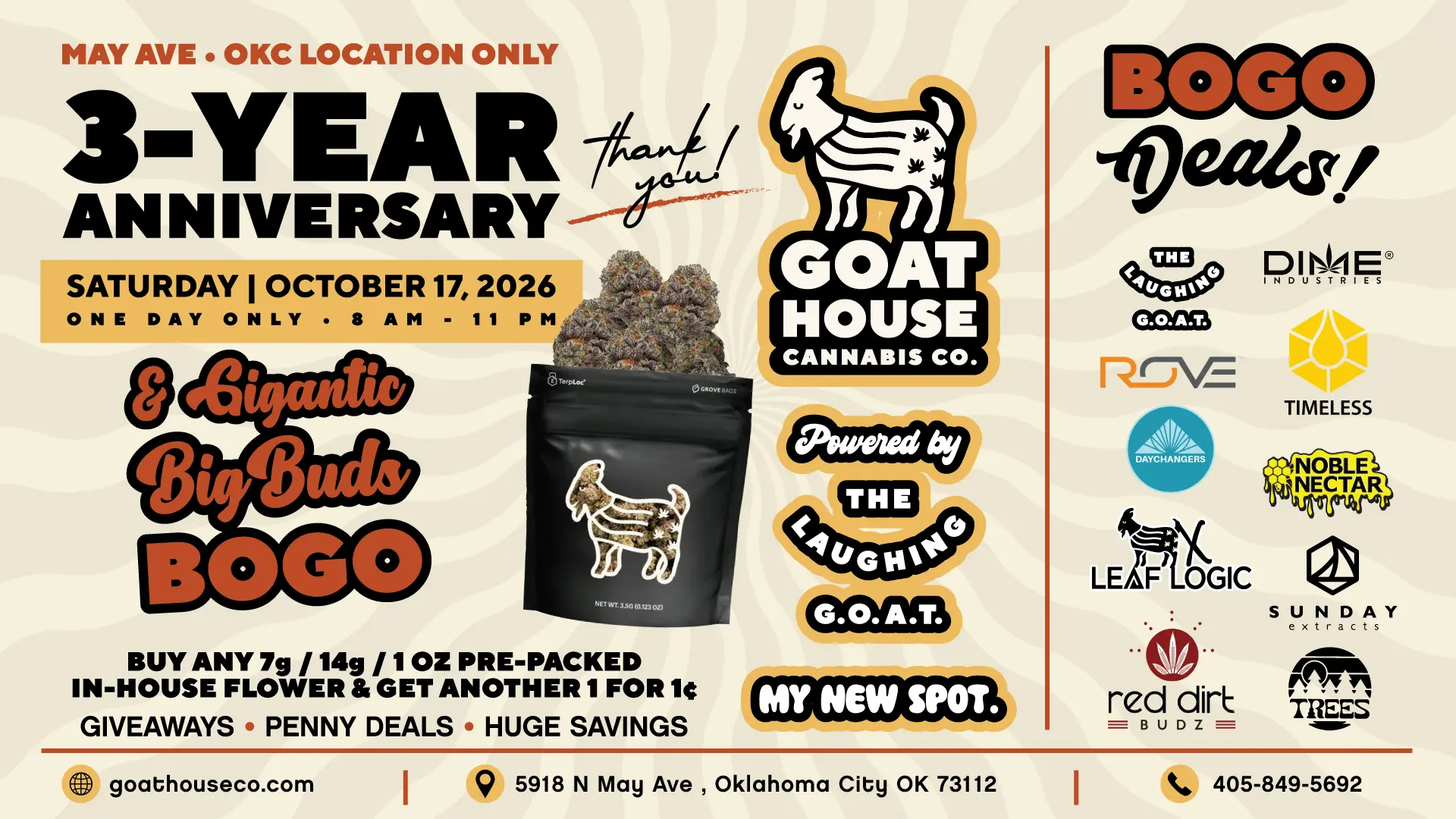 Goat House OKC 3-year anniversary October 17 featuring The Laughing Goat flower BOGO deals, penny specials and giveaways